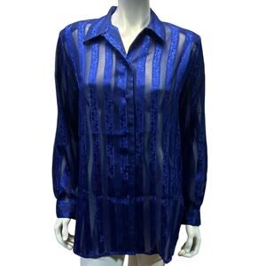 Ship'n Shore Royal Blue Striped Semi-Sheer Polyester Button Down Blouse Size M
